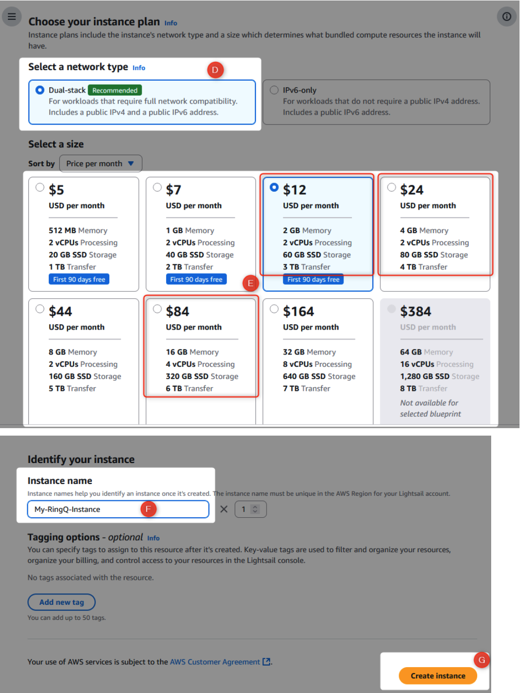 Creating a RingQ instance in Amazon Lightsail